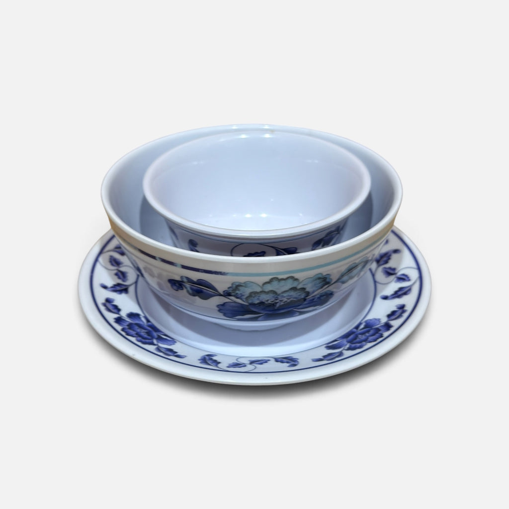 Set of 3 Thunder Group Blue and White Floral-Patterned Melamine Dinnerware
