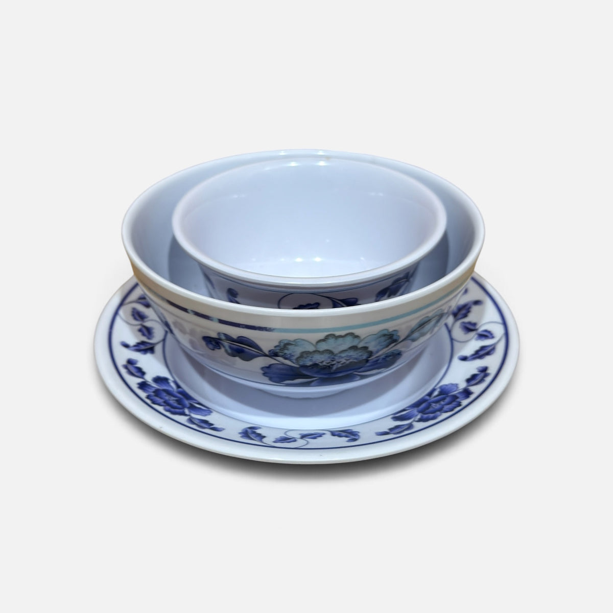 Set of 3 Thunder Group Blue and White Floral-Patterned Melamine Dinnerware