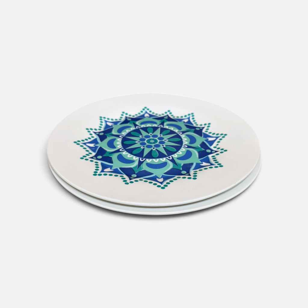 Set Of 2 Royal Norfolk Blue Turquoise Starburst Mandala Dinner Plates 10.5"D