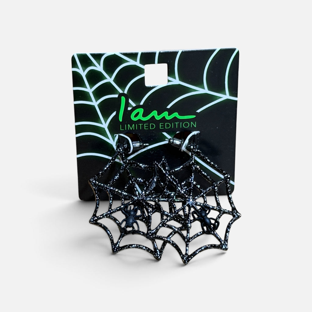 "I AM Limited Edition" Black Glitter Spider Web Stud/Hoop Earrings -Limit One Per Person
