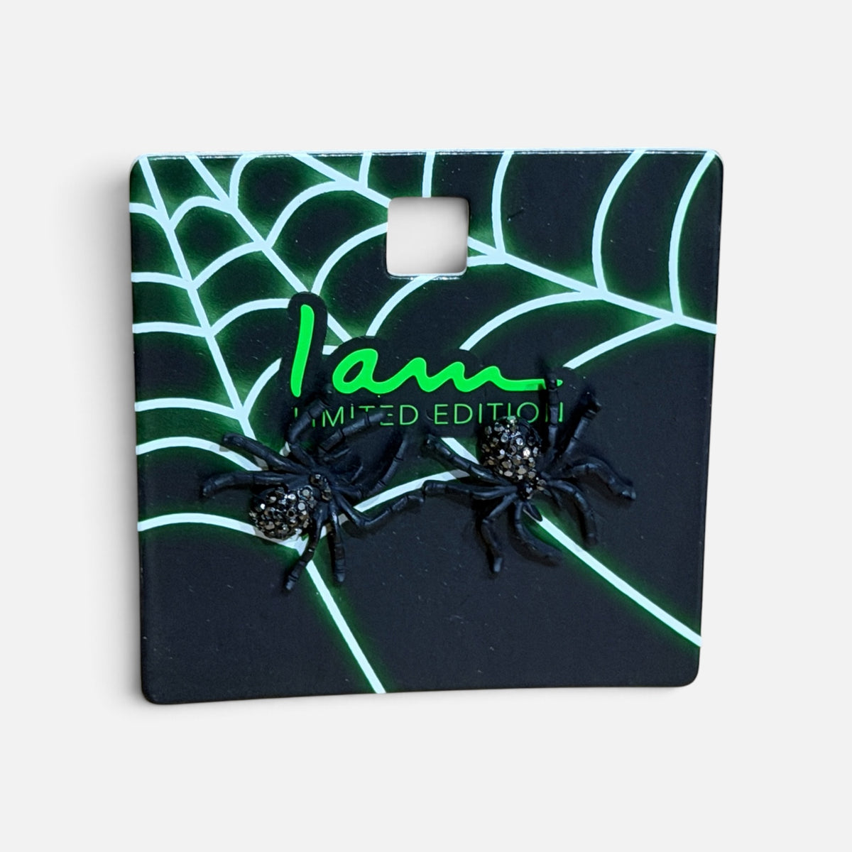 "I Am Limited Edition" Black Bejeweled Spider Stud Earrings