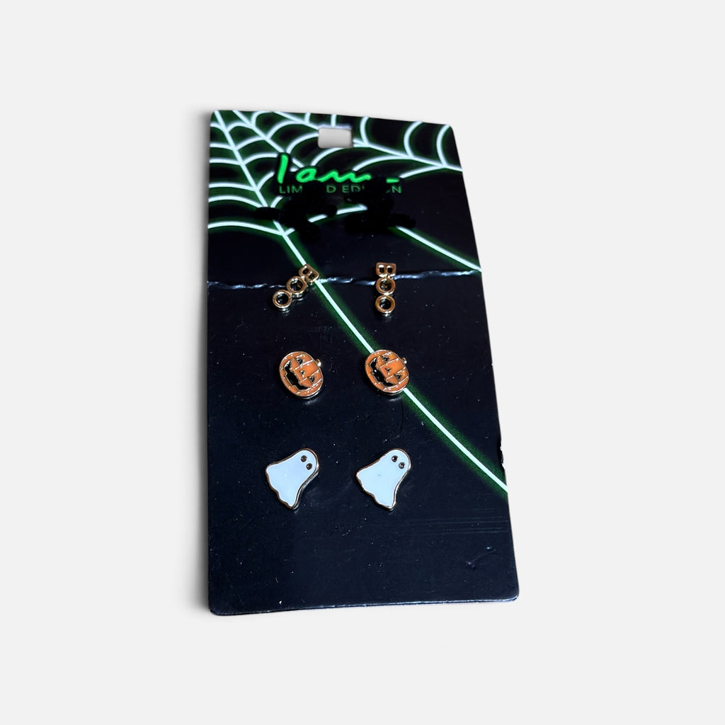 "I am Limit Edition" Halloween-themed 3-pair Stud Earring Set ("BOO" Lettering, Jack-o'-Lantern Pumpkins, White Ghosts)