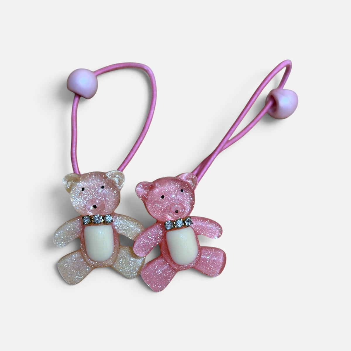 Set of 2 Sparkle Teddy Bear Rhinestone Glitter Hair Elastics Pink & White