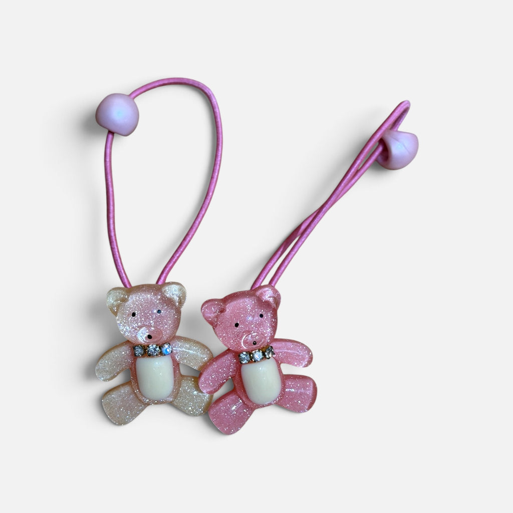 Set of 2 Sparkle Teddy Bear Rhinestone Glitter Hair Elastics Pink & White