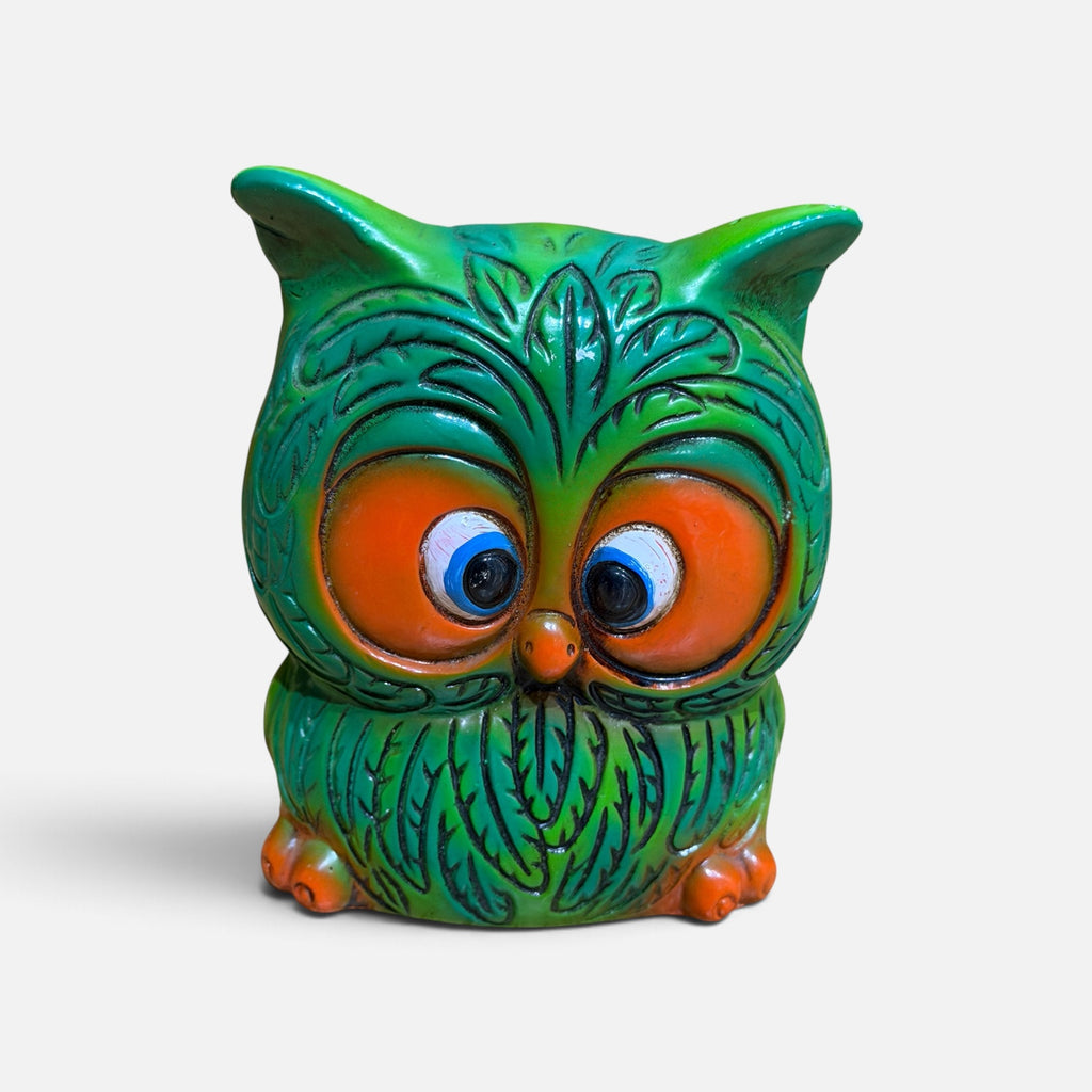 Vintage 1960's Plastic Bright Green & Brown Owl Piggy Bank 5"H