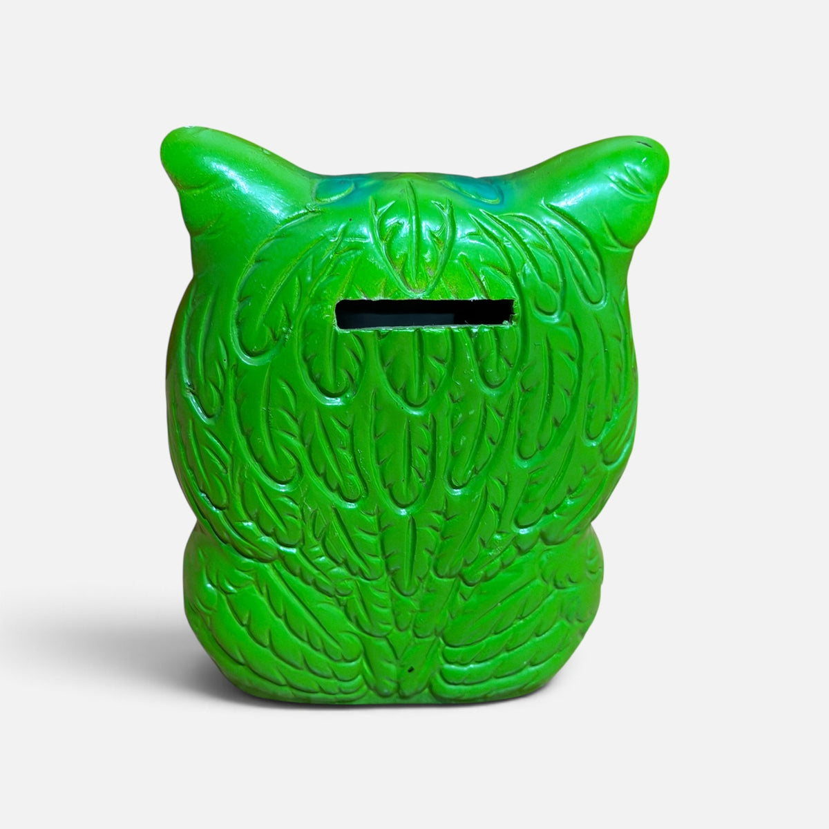 Vintage 1960's Plastic Bright Green & Brown Owl Piggy Bank 5"H