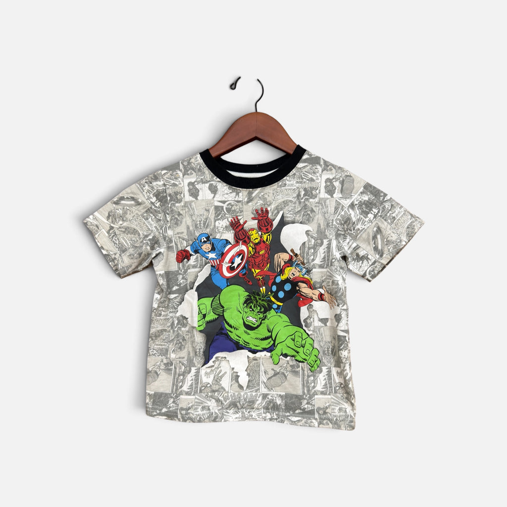 Marvel Boys Gray Short Sleeve Crewneck Ringer Graphic Tee Hulk Iron Man Thor Size: 5