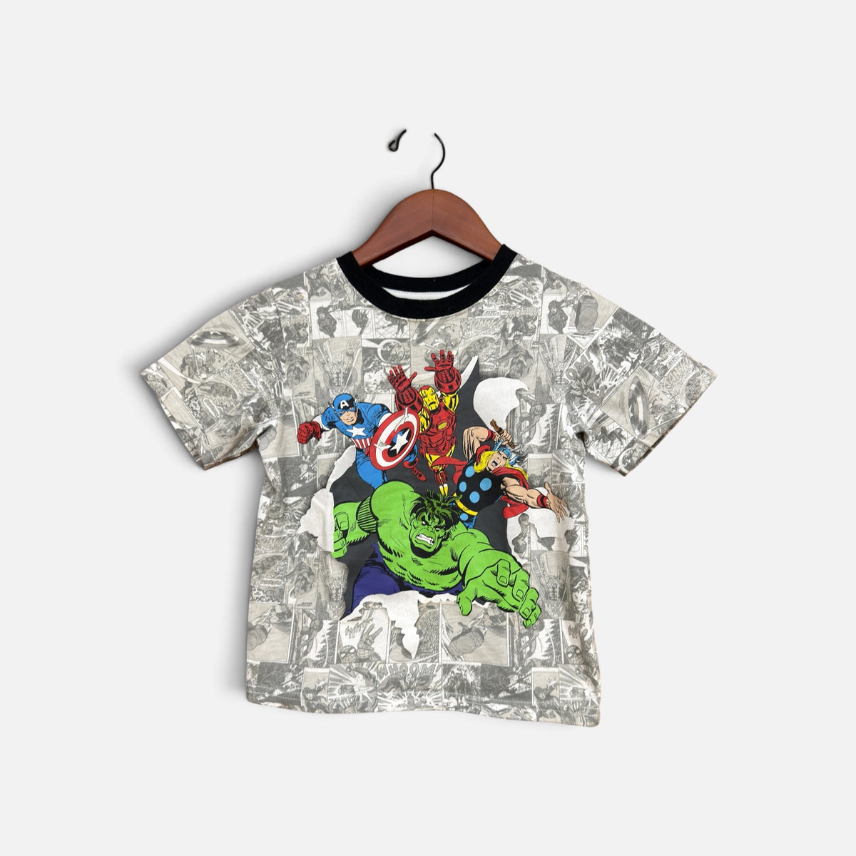 Marvel Boys Gray Short Sleeve Crewneck Ringer Graphic Tee Hulk Iron Man Thor Size: 5