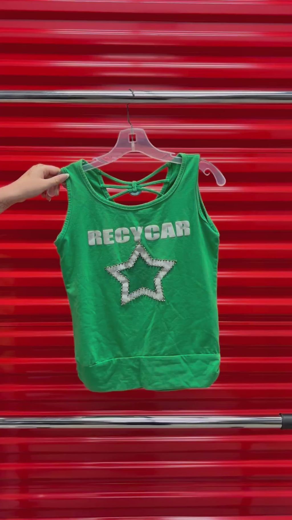 Women's Green Sleeveless Tank Top with Silver "RECYCAR" text and a Star Graphic Size: M