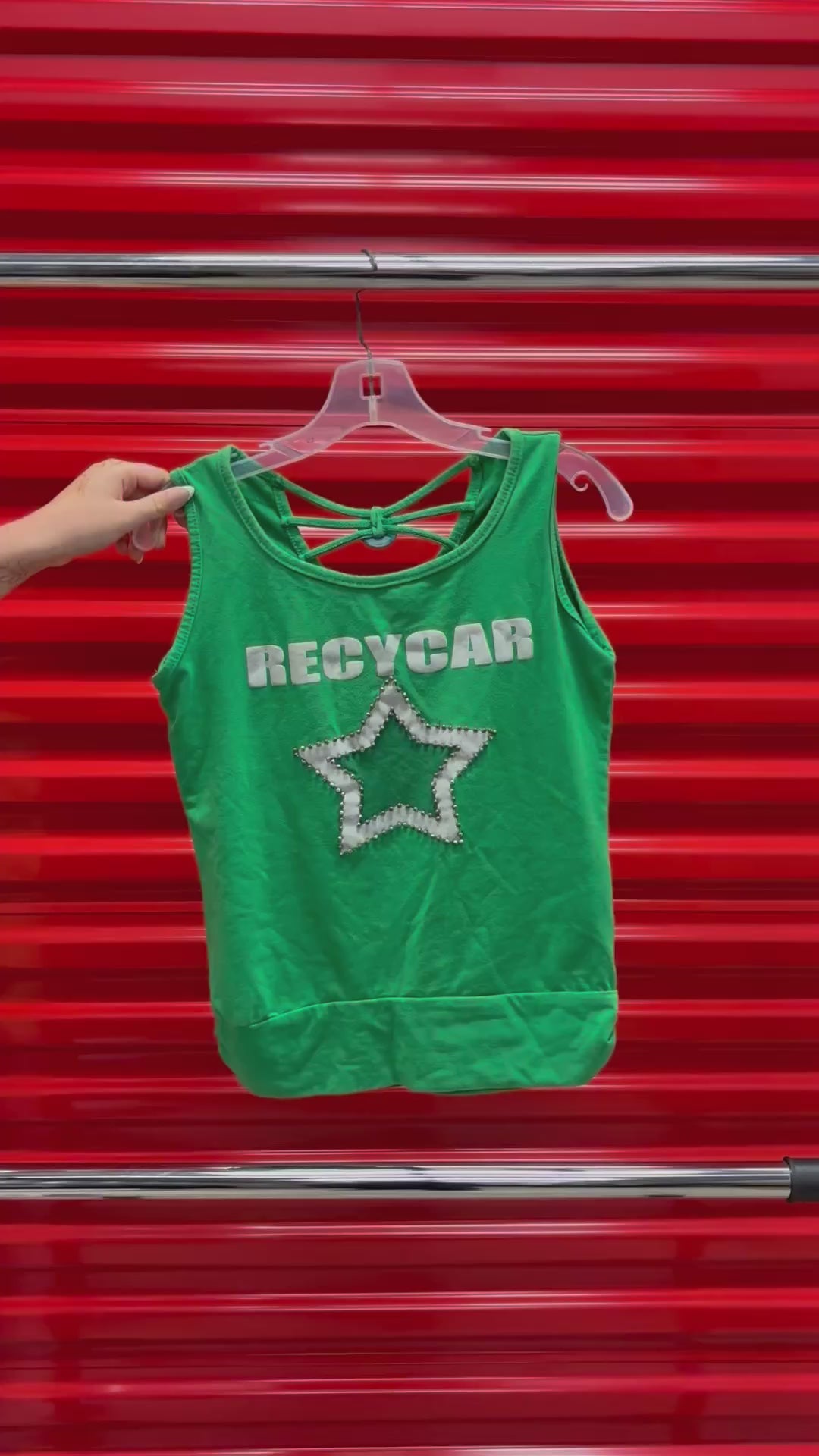Women's Green Sleeveless Tank Top with Silver "RECYCAR" text and a Star Graphic Size: M