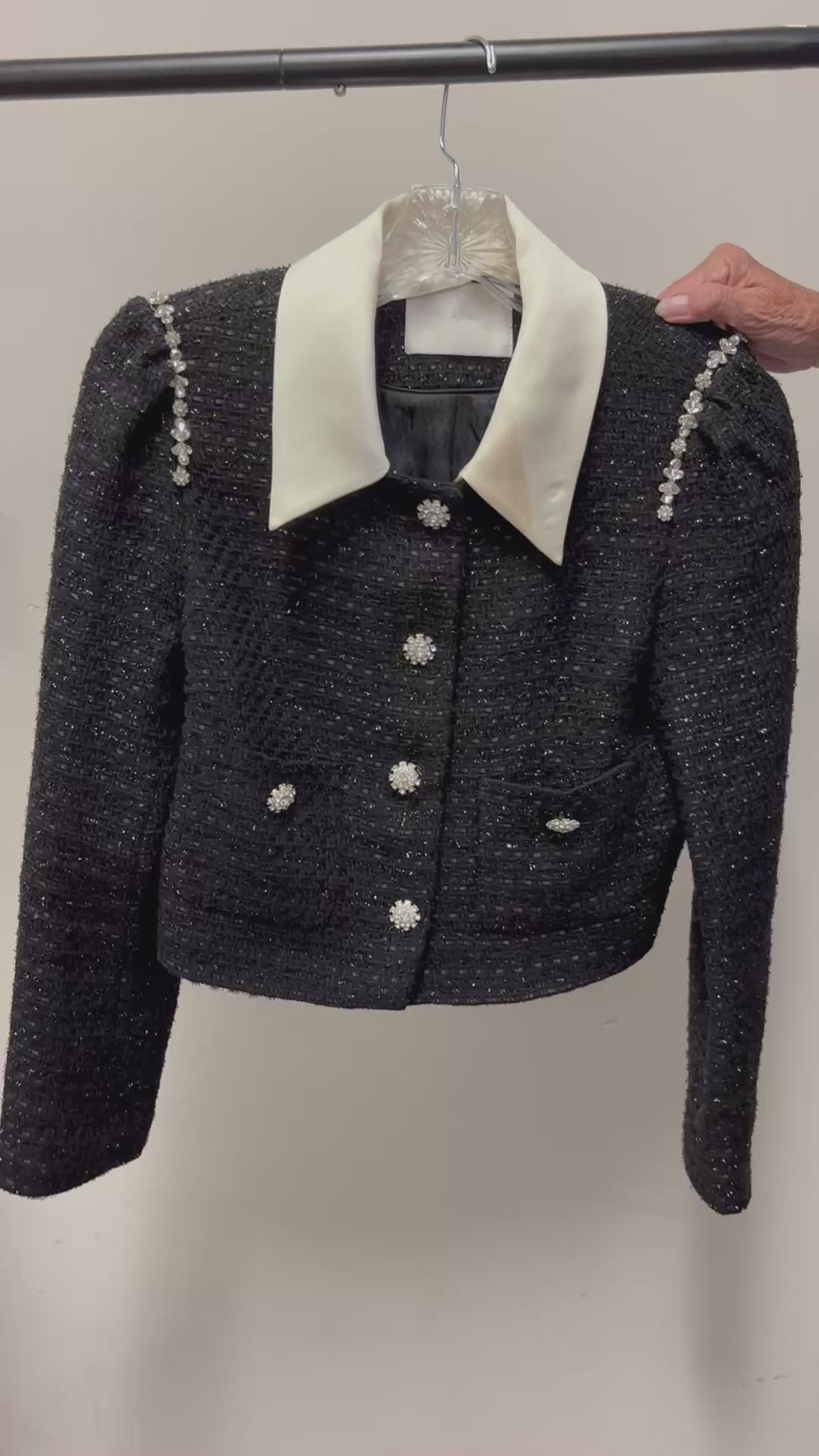 Black Tweed Jacket Contrasting Satin Collar w/Floral Rhinestone Buttons Size: S