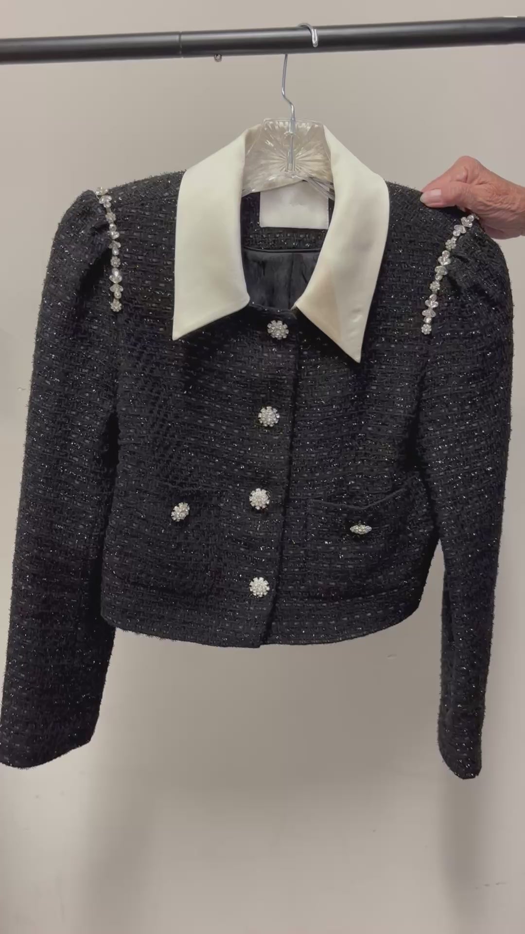 Black Tweed Jacket Contrasting Satin Collar w/Floral Rhinestone Buttons Size: S