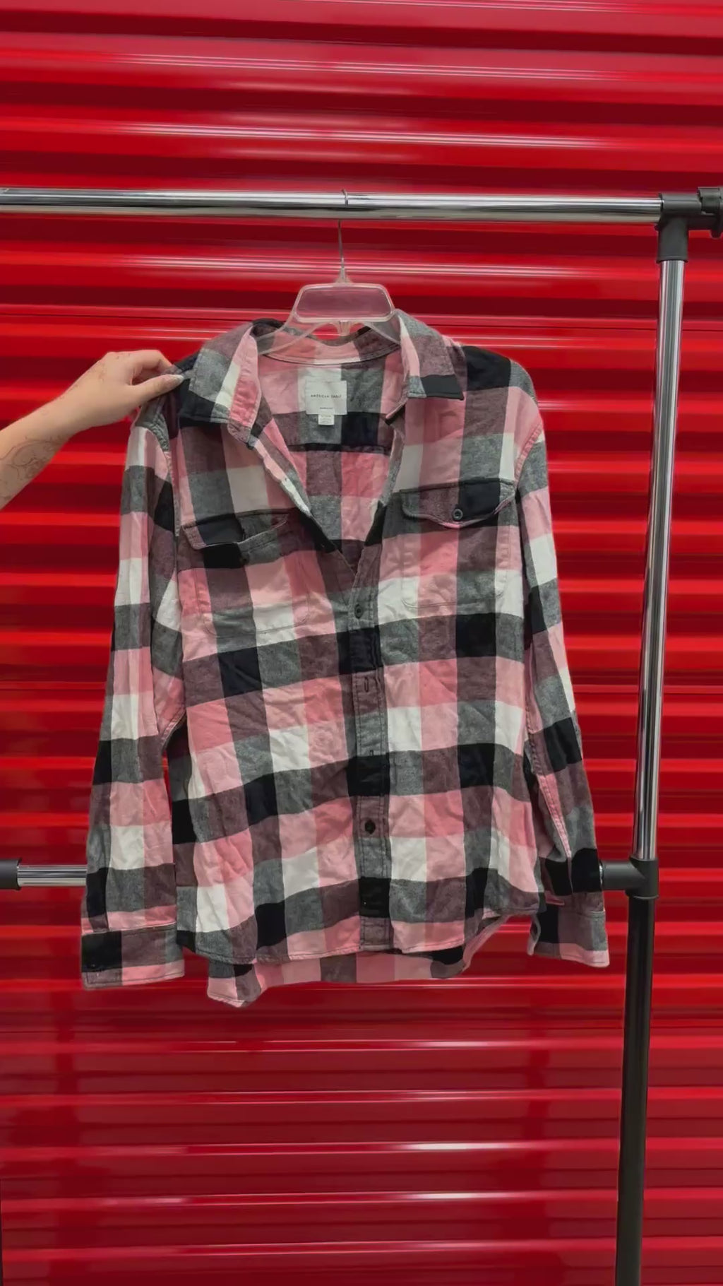 American Eagle Outfitters Pink and Black Plaid Flannel Shirt Size:XL